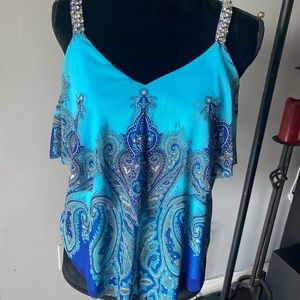 Gorgeous multi colored blue spaghetti strap blouse with sequence